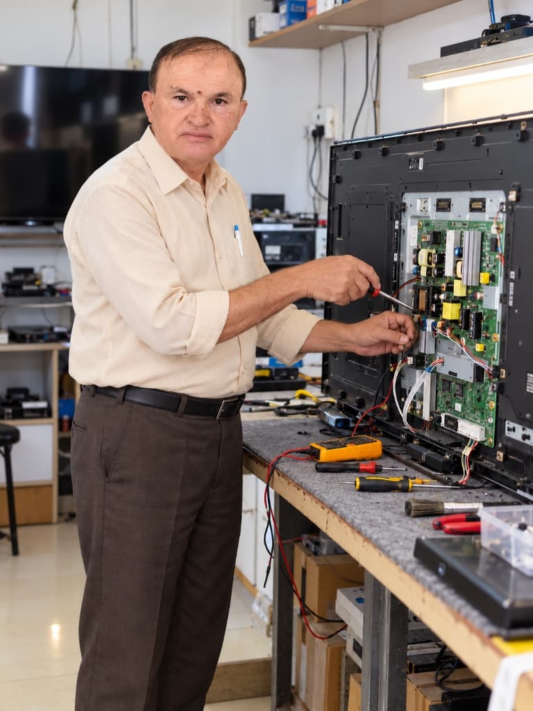 SM Electronics experienced television technician repairing open LED TV on workshop bench in Hosur
